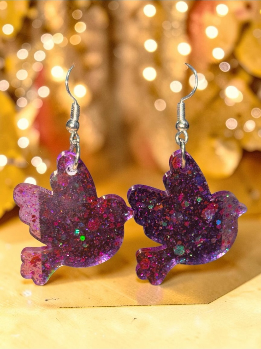Handmade Purple Glitter Bird Resin Dangle Earrings - Picture 3 of 4